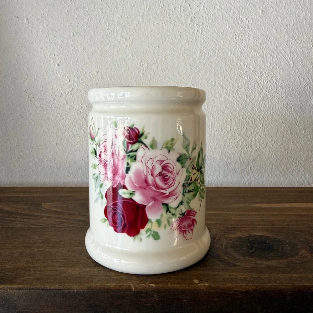 Vintage Style Ceramic Rose Floral Canister Pink Cream Shabby Chic Cottagecore